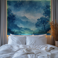 Night forest wallpaper creating a cozy atmosphere in a modern bedroom with soft lighting