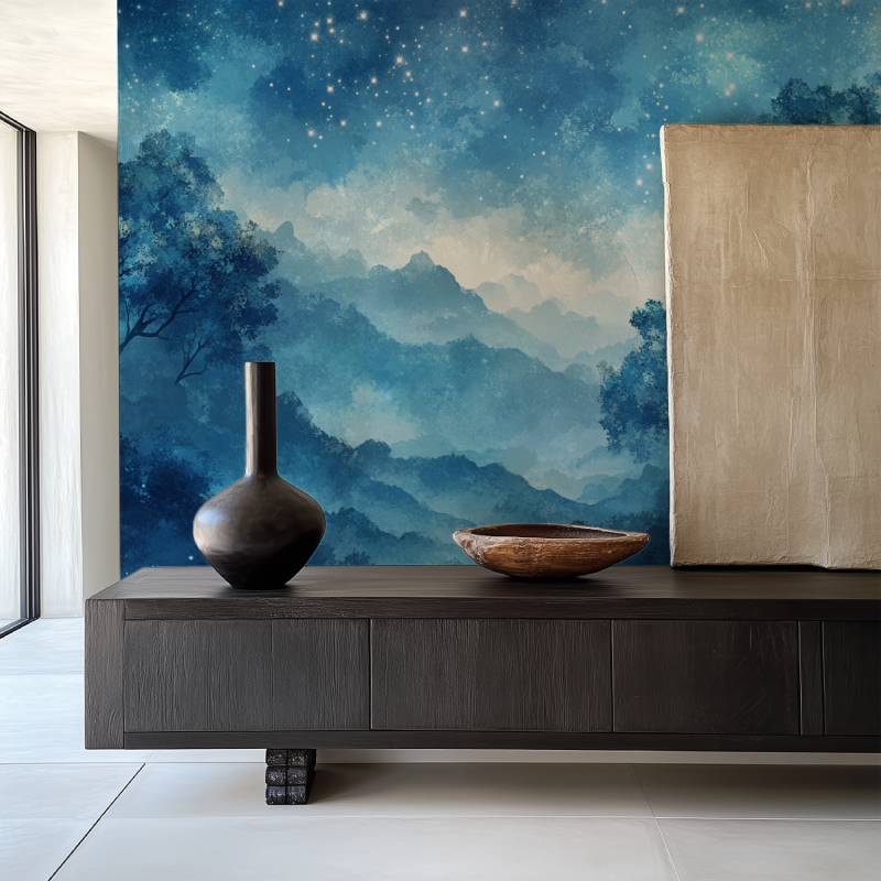 Night sky forest wallpaper transforming a home office into a peaceful retreat