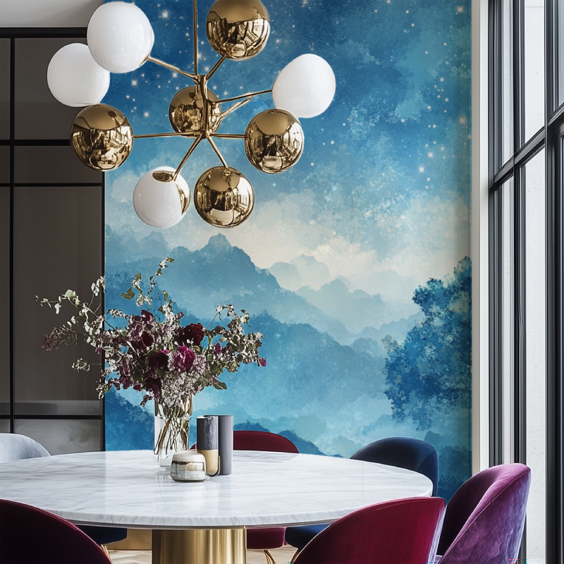Mountain landscape wall mural creating an enchanting atmosphere in a reading nook
