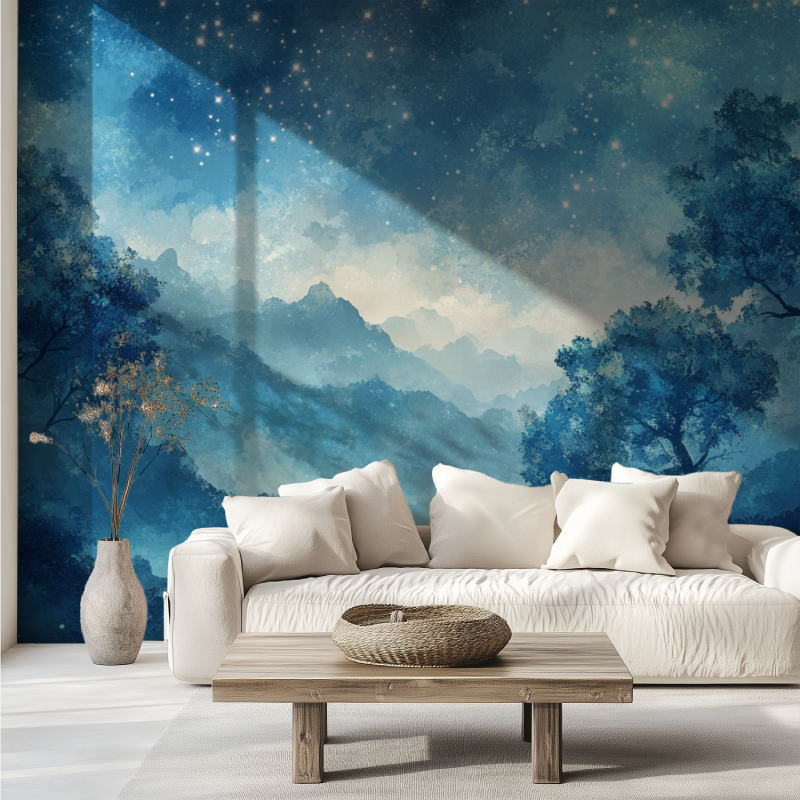 Starry night forest mural bringing nature indoors in a contemporary dining room