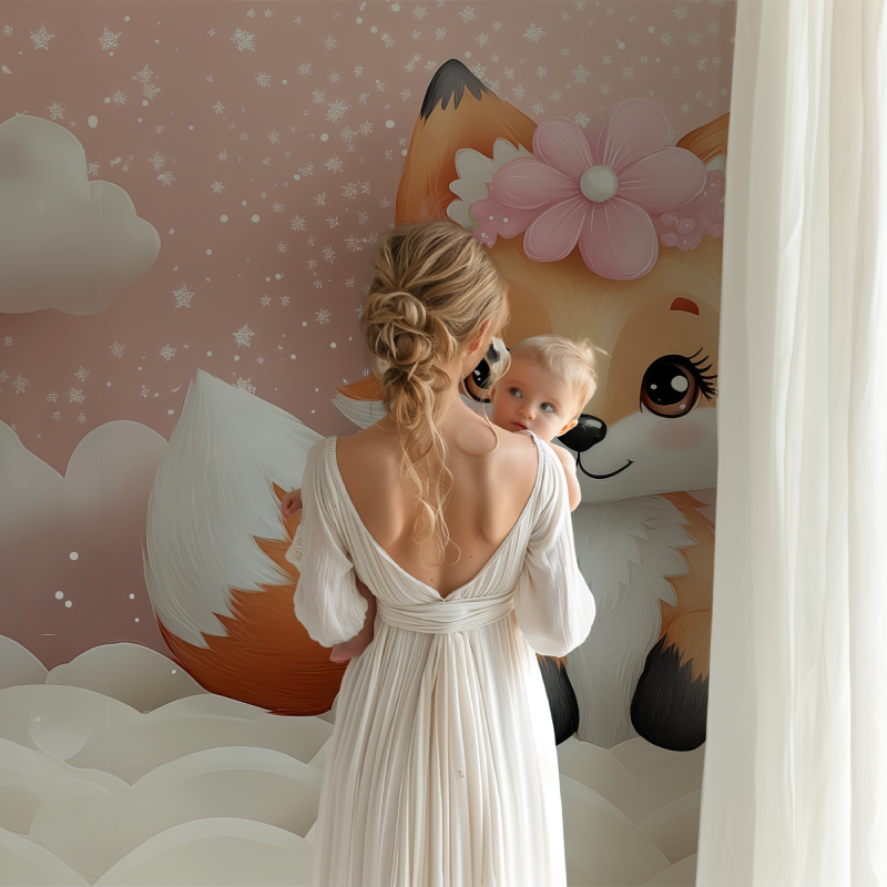 Pink fox wall mural bringing warmth to a child's reading nook with soft lighting