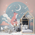 Fox Mural Wallpaper creating a magical atmosphere in a cozy nursery with soft lighting and gentle stars