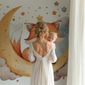 Fox nursery wallpaper shown in modern nursery with white furniture and soft lighting