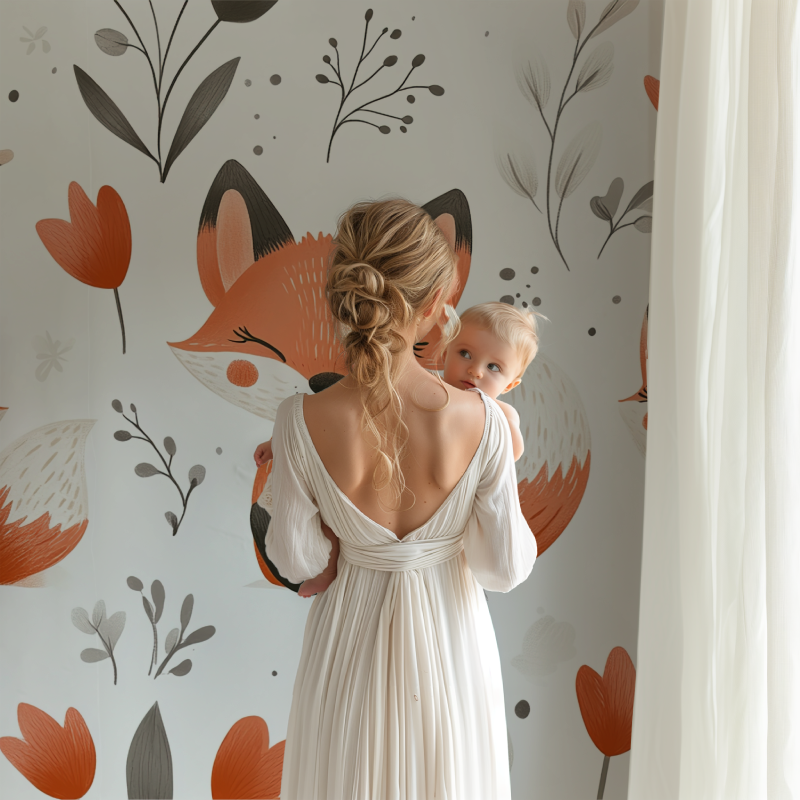 Floral fox wall mural creating cozy reading nook in toddler bedroom
