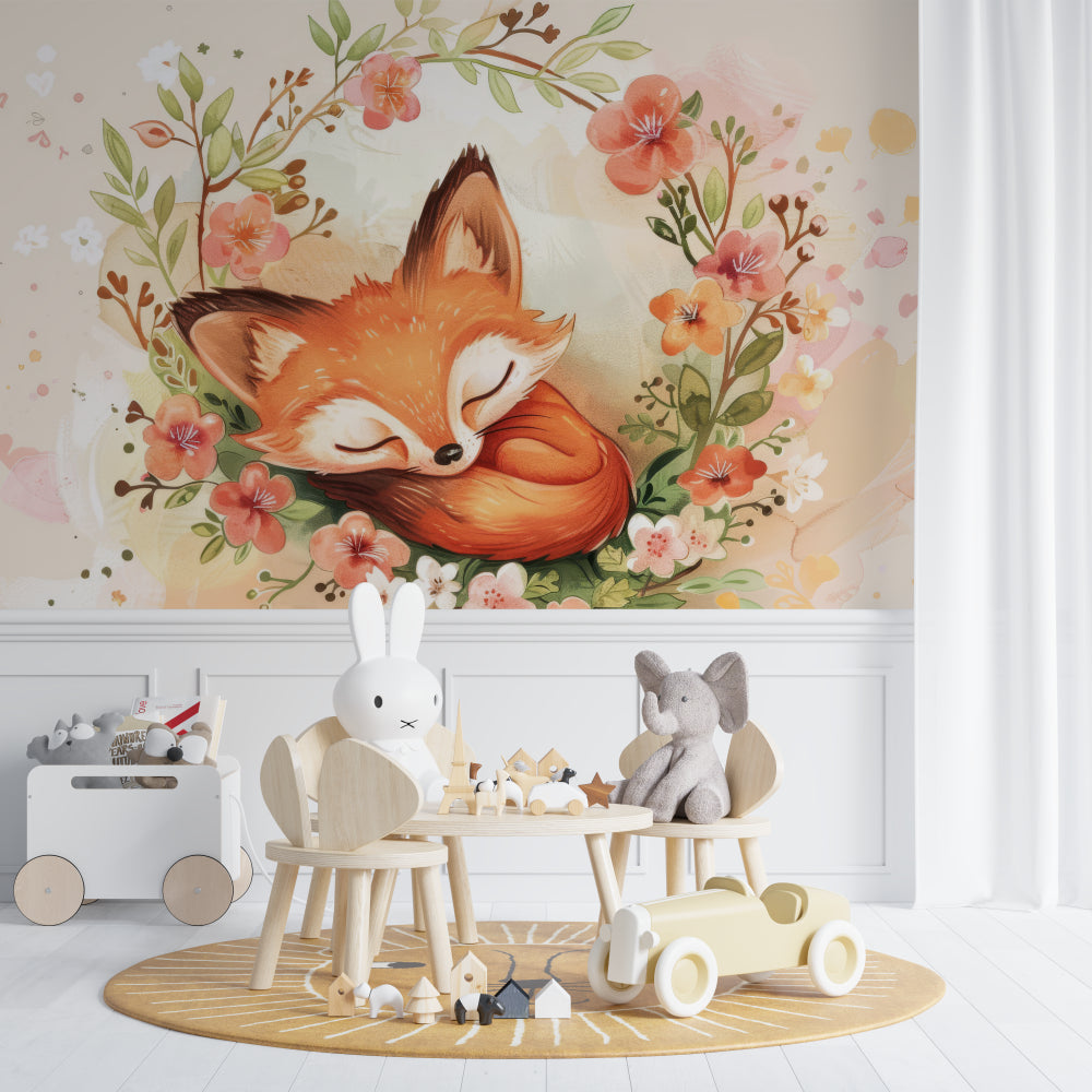 Woodland fox wallpaper transforming a girl's bedroom with soft pink accents
