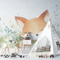 Fox nursery wallpaper in modern white nursery with wooden crib and rocking chair