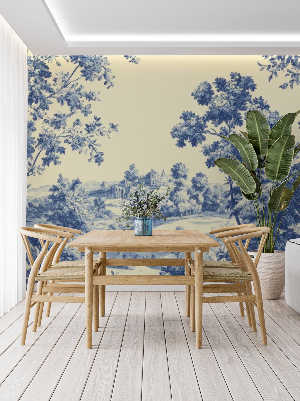 Blue French toile pattern in guest room with natural light