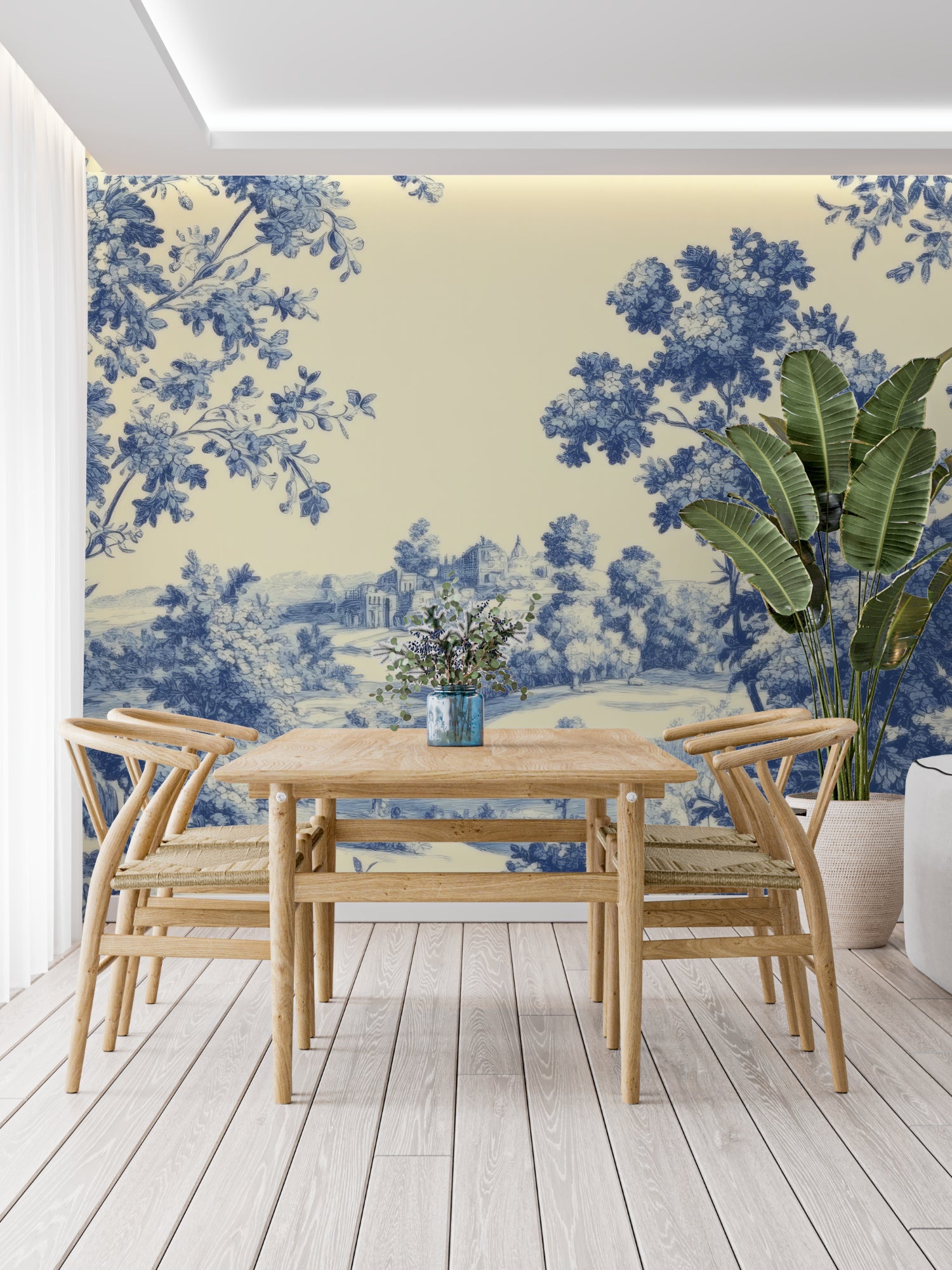 Blue French toile pattern in guest room with natural light