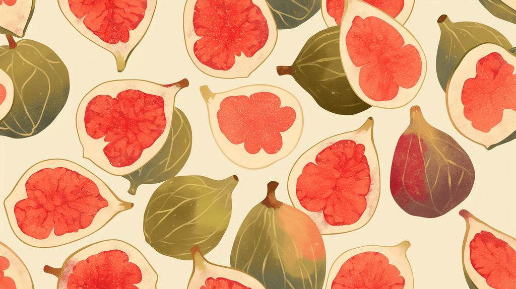 Mediterranean fig wallpaper design file showing detailed fruit pattern with coral-red and olive-green tones