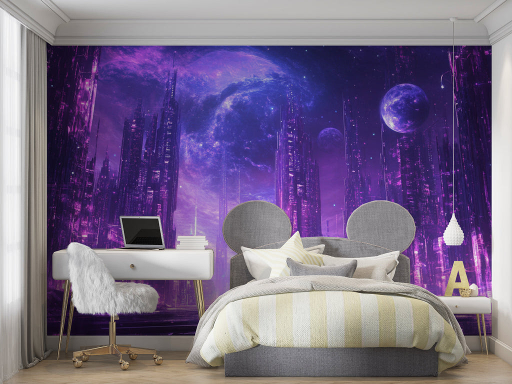 Futuristic city wallpaper in modern gaming room with purple LED accent lighting and floating desk setup
