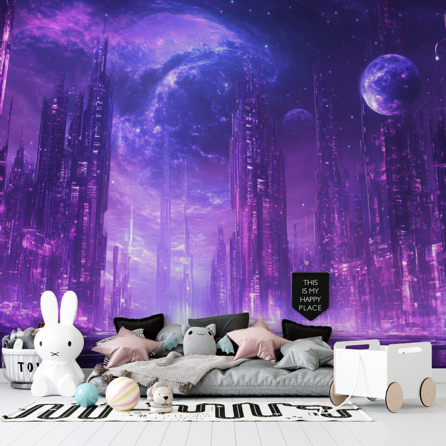Purple cyberpunk wall mural in teen bedroom with neon lighting and floating shelves