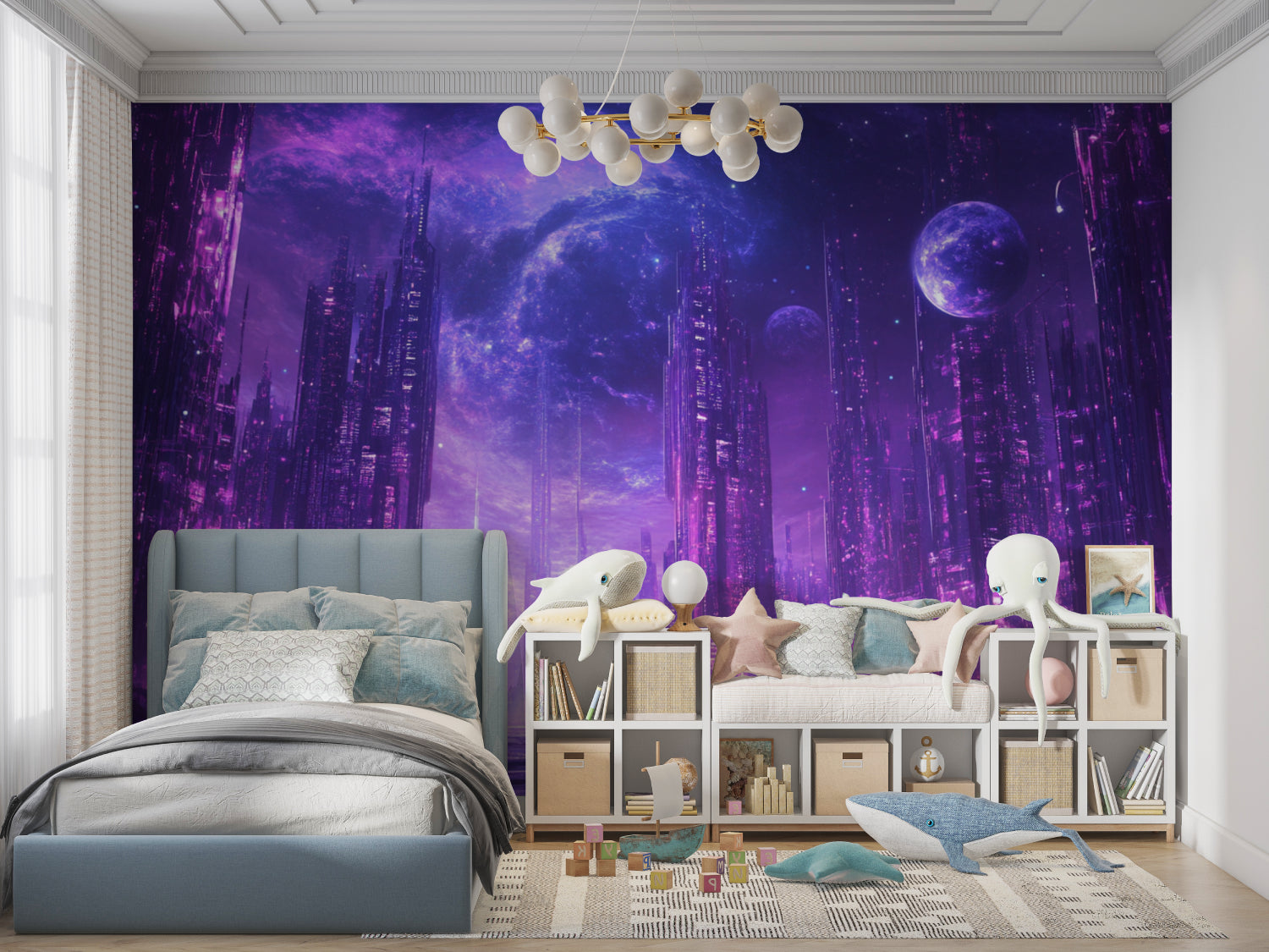 Cosmic city wallpaper creating depth in minimalist office space with modern furniture