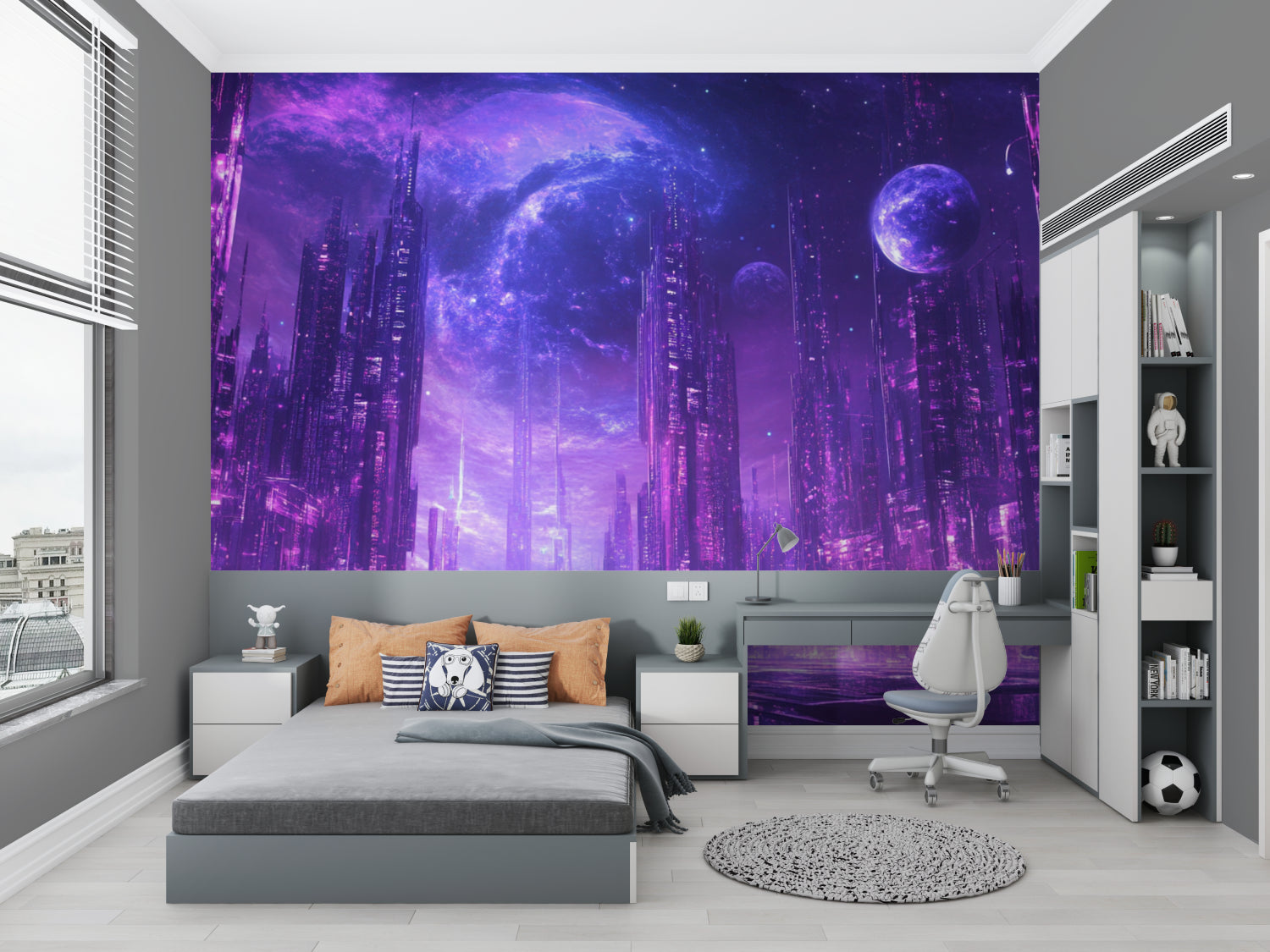 Galaxy wall mural in creative studio space with industrial lighting and urban decor