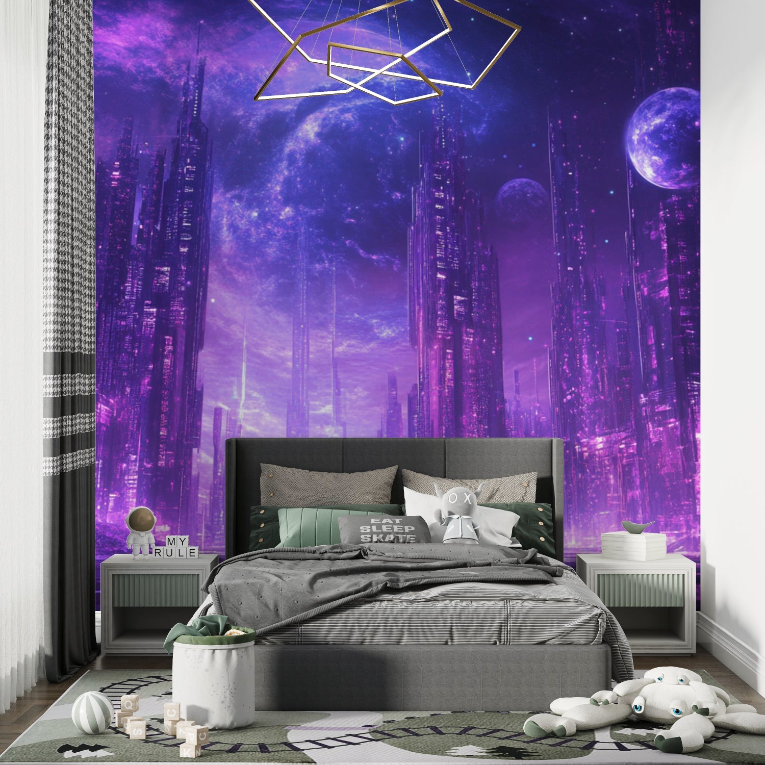 Futuristic purple wallpaper in modern living room with contemporary furniture and mood lighting