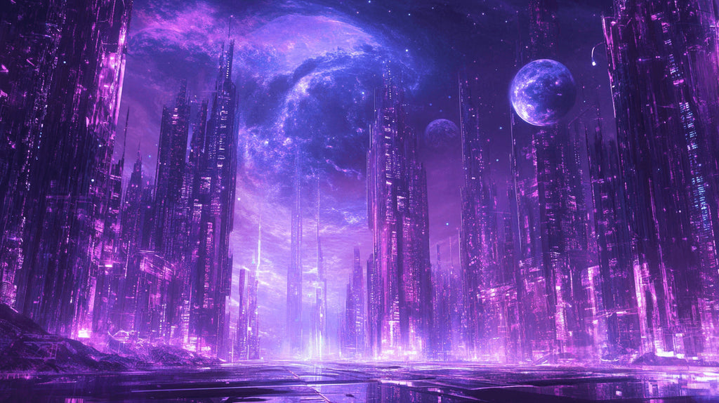 High-resolution design file of purple cyberpunk city with detailed galaxy background pattern