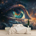 Galaxy Eye Mural Wallpaper creating a stunning focal point in a modern living room with blue accent lighting