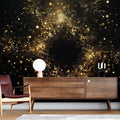 Galaxy wallpaper with gold accents creating a stunning focal point in a modern living room with minimal furniture