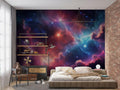 Galaxy wallpaper mural creating a stunning cosmic effect in a modern bedroom with ambient lighting