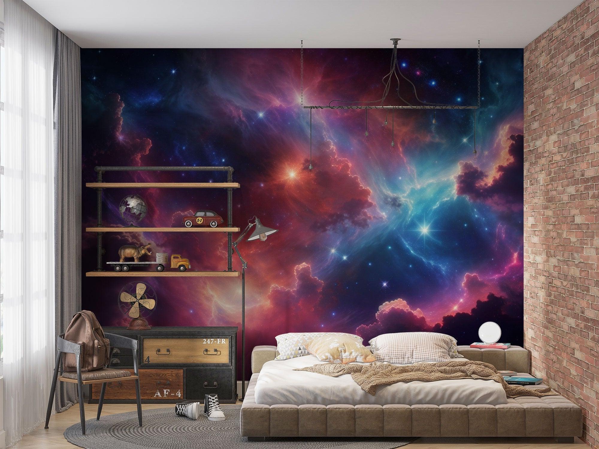 Galaxy wallpaper mural creating a stunning cosmic effect in a modern bedroom with ambient lighting