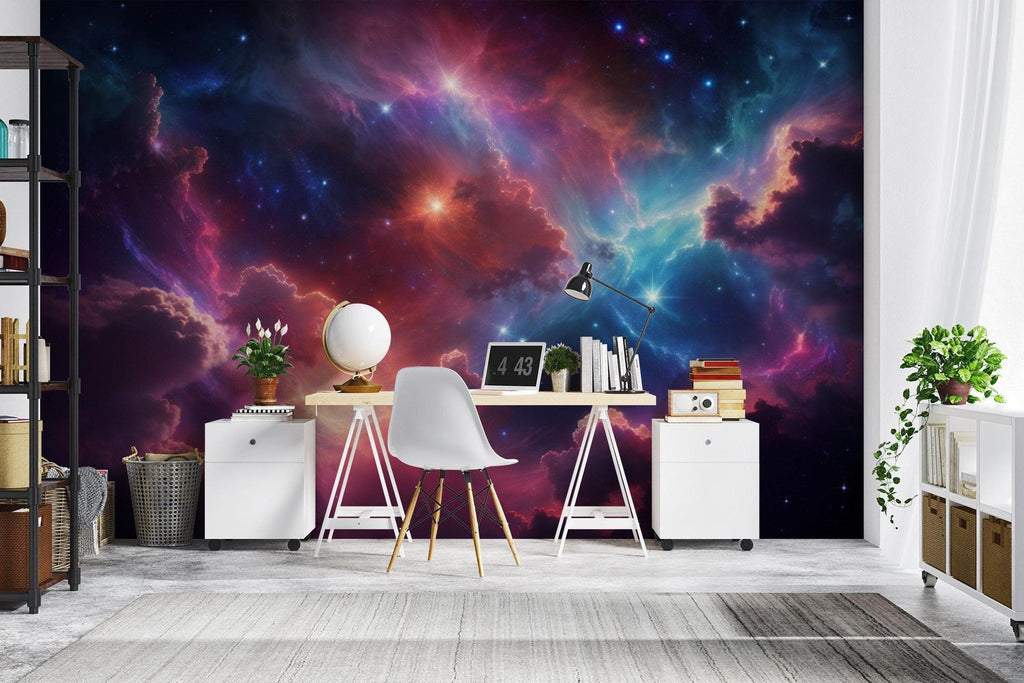Space themed gaming room featuring cosmic nebula wallpaper with purple and blue hues