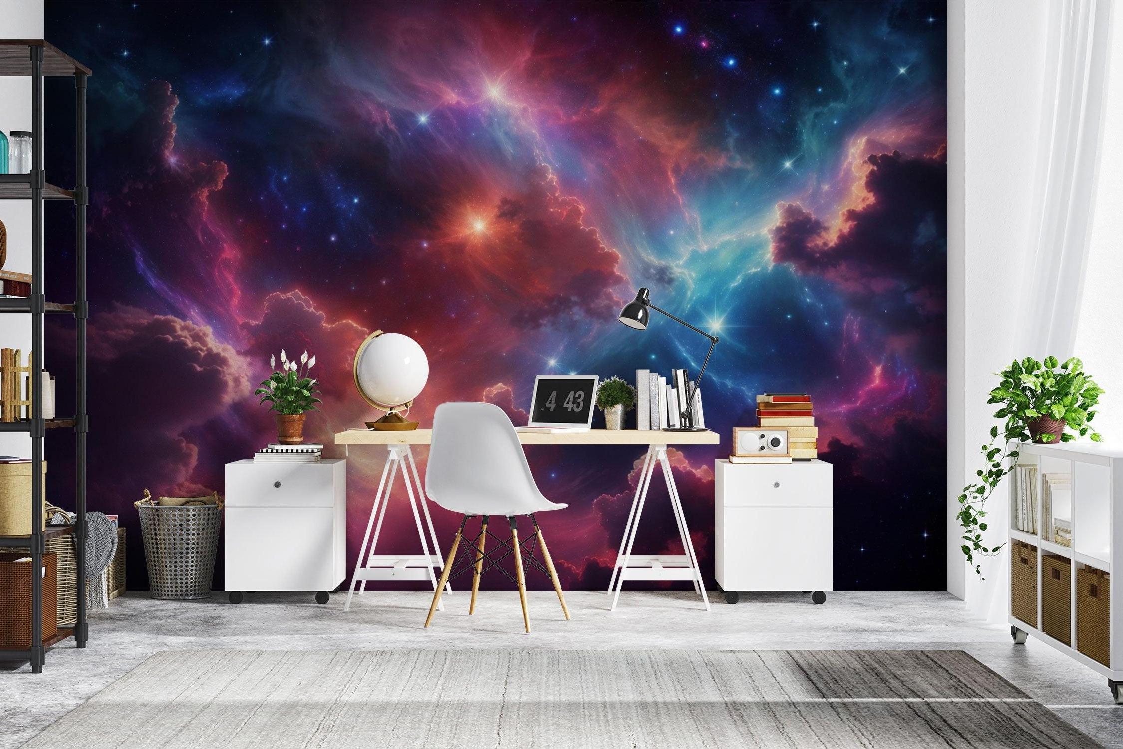 Space themed gaming room featuring cosmic nebula wallpaper with purple and blue hues