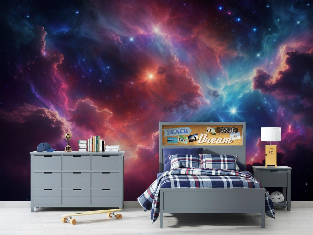Teen bedroom with galaxy wall mural showing vibrant aurora effects