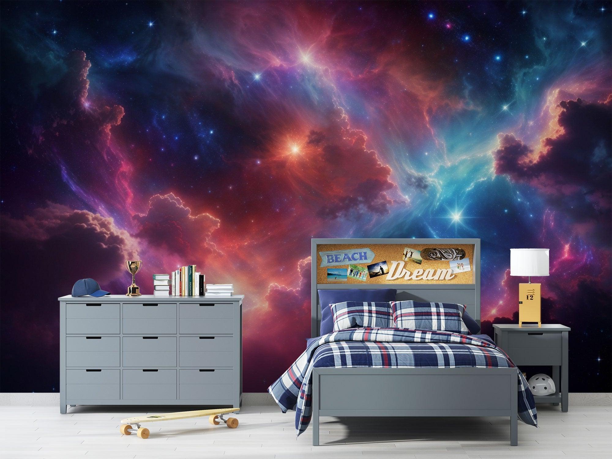 Teen bedroom with galaxy wall mural showing vibrant aurora effects