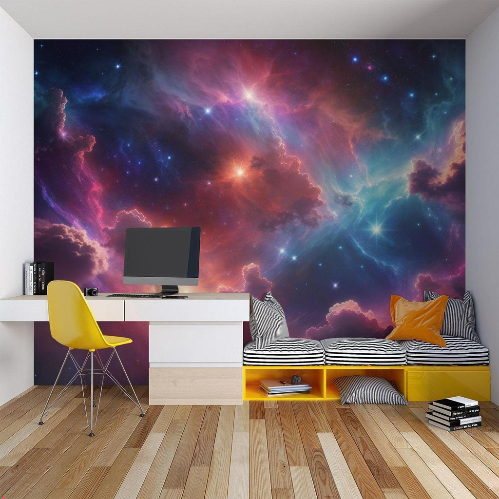 Home office space transformed with cosmic nebula wallpaper design