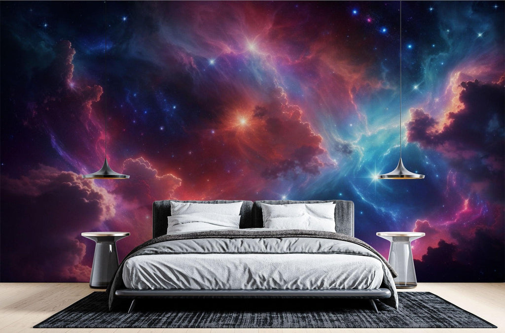 Media room featuring space themed wall mural with stunning nebula colors