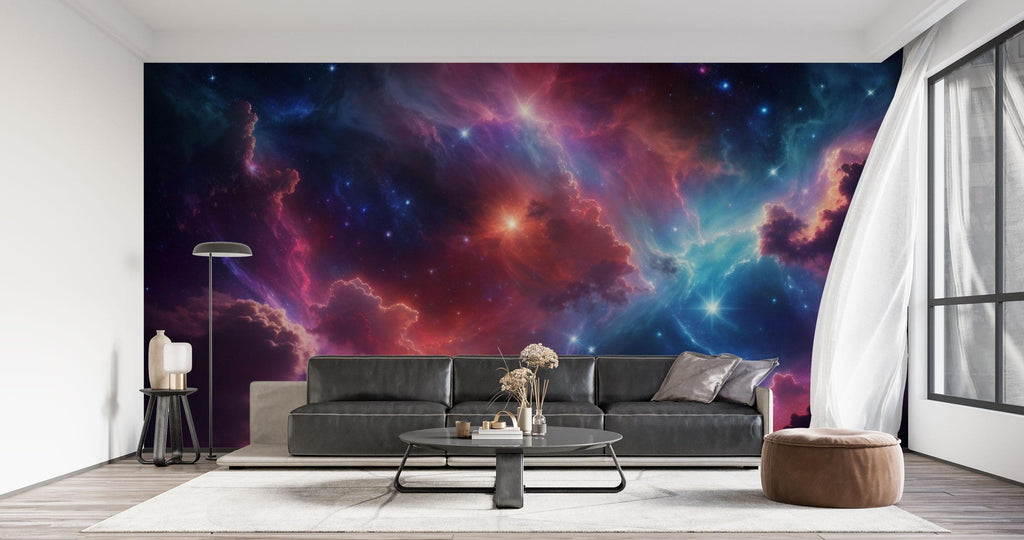 Children's bedroom with galaxy wallpaper creating an immersive space experience