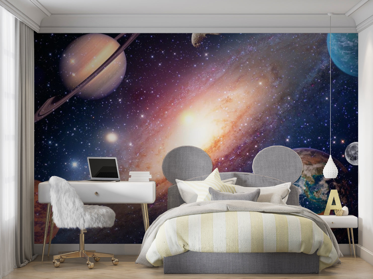 Planet wallpaper design in home office creating inspiring workspace