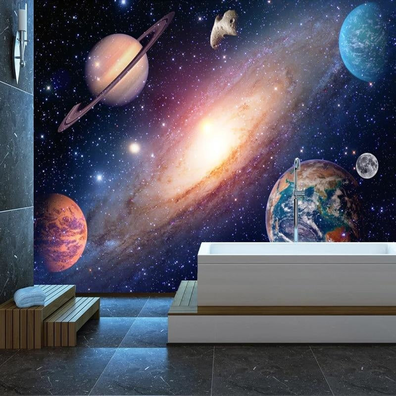 Cosmic galaxy wallpaper in playroom with educational space theme