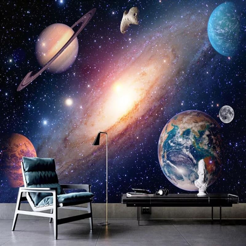 Universe wallpaper creating depth in small bedroom space