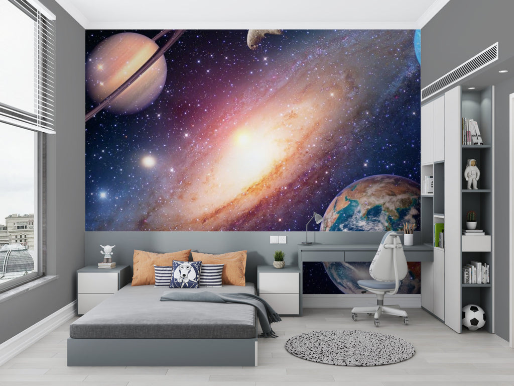 Galaxy mural in reading nook with cozy space theme setup