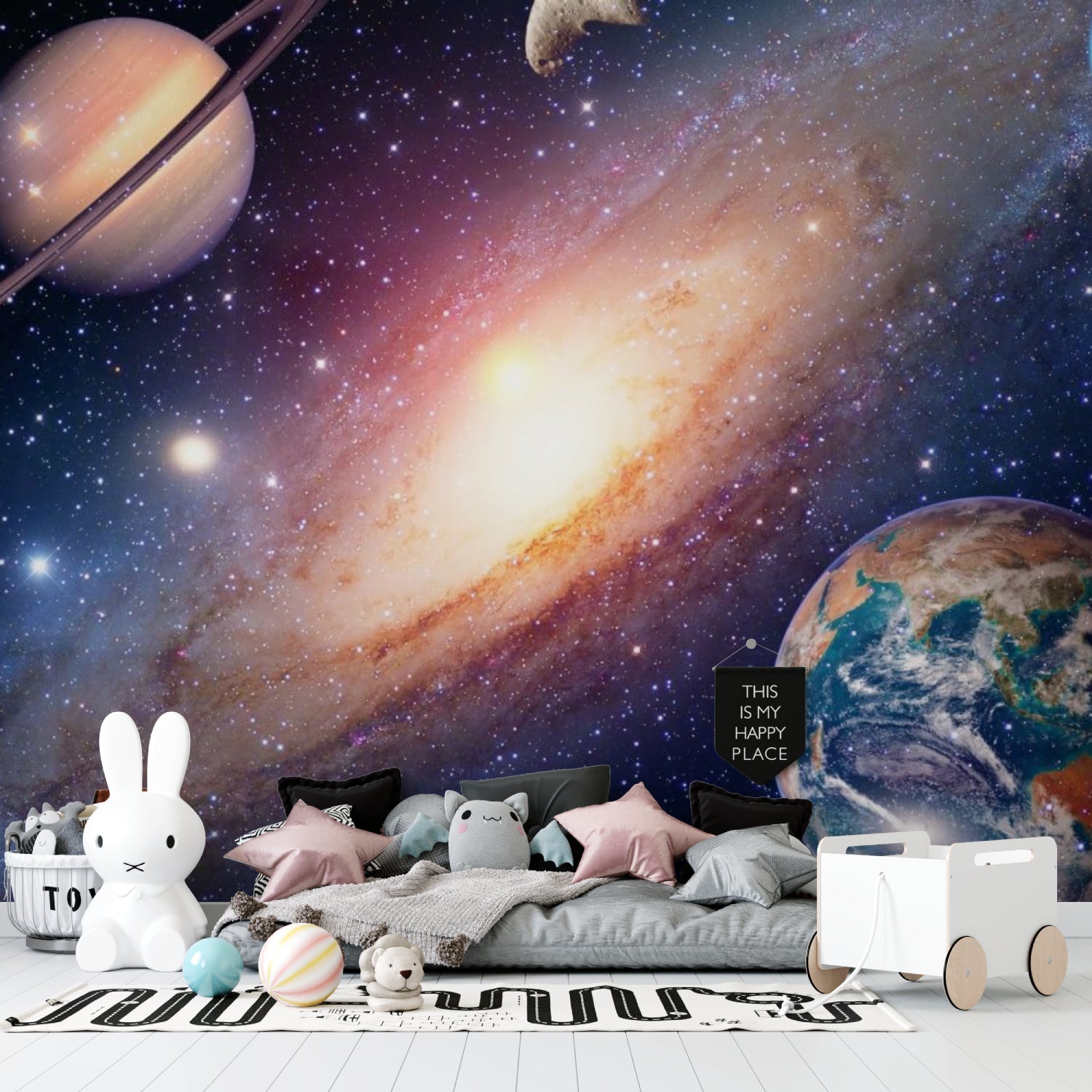 Space wall mural in science classroom inspiring young minds