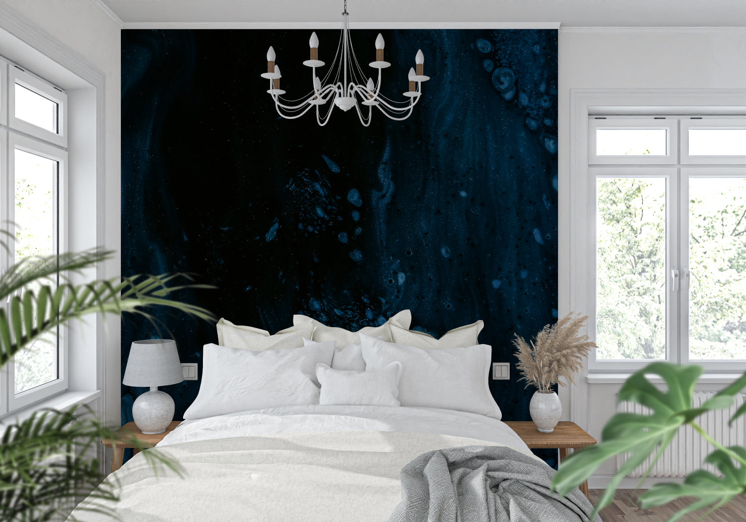 Cosmic wallpaper design in home office showing depth and dimension
