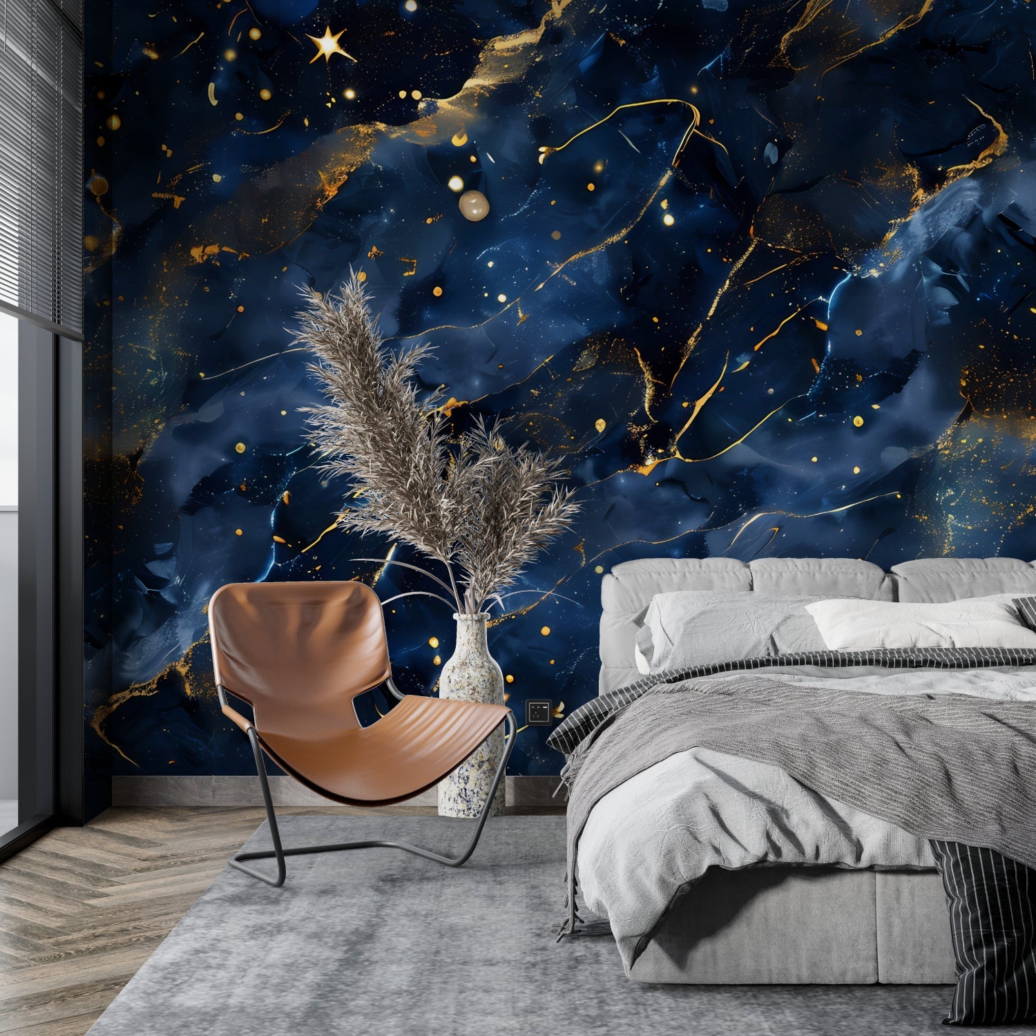 Abstract galaxy design transforming modern hallway with dramatic lighting