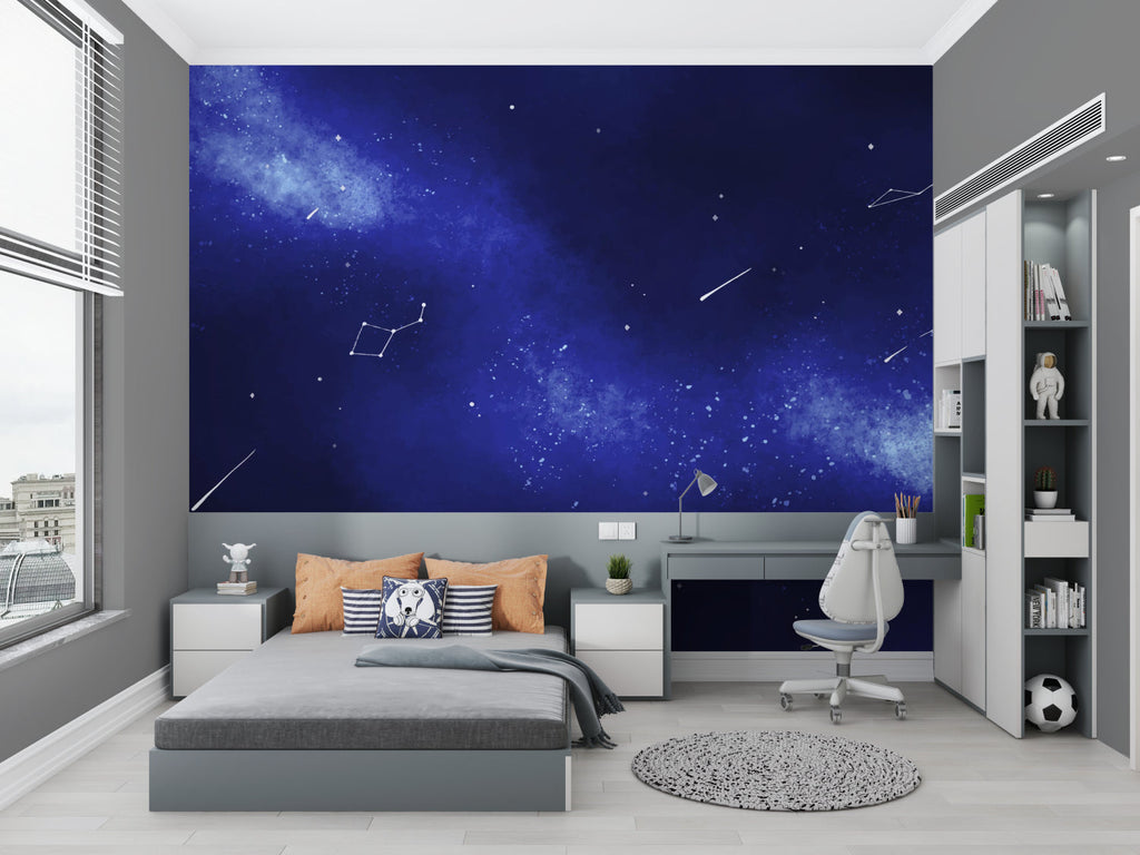 Starry night wallpaper creating depth in a child's bedroom