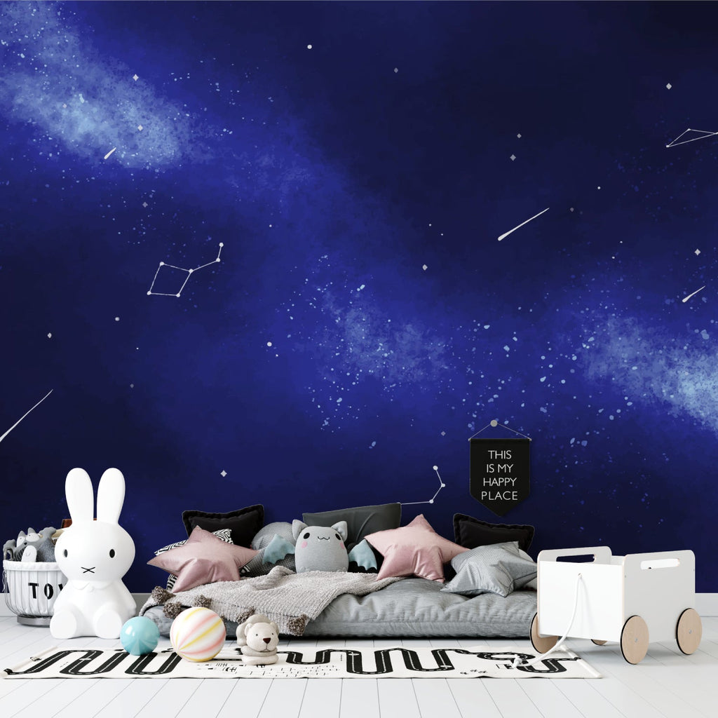 Galaxy mural making a statement in a modern living room