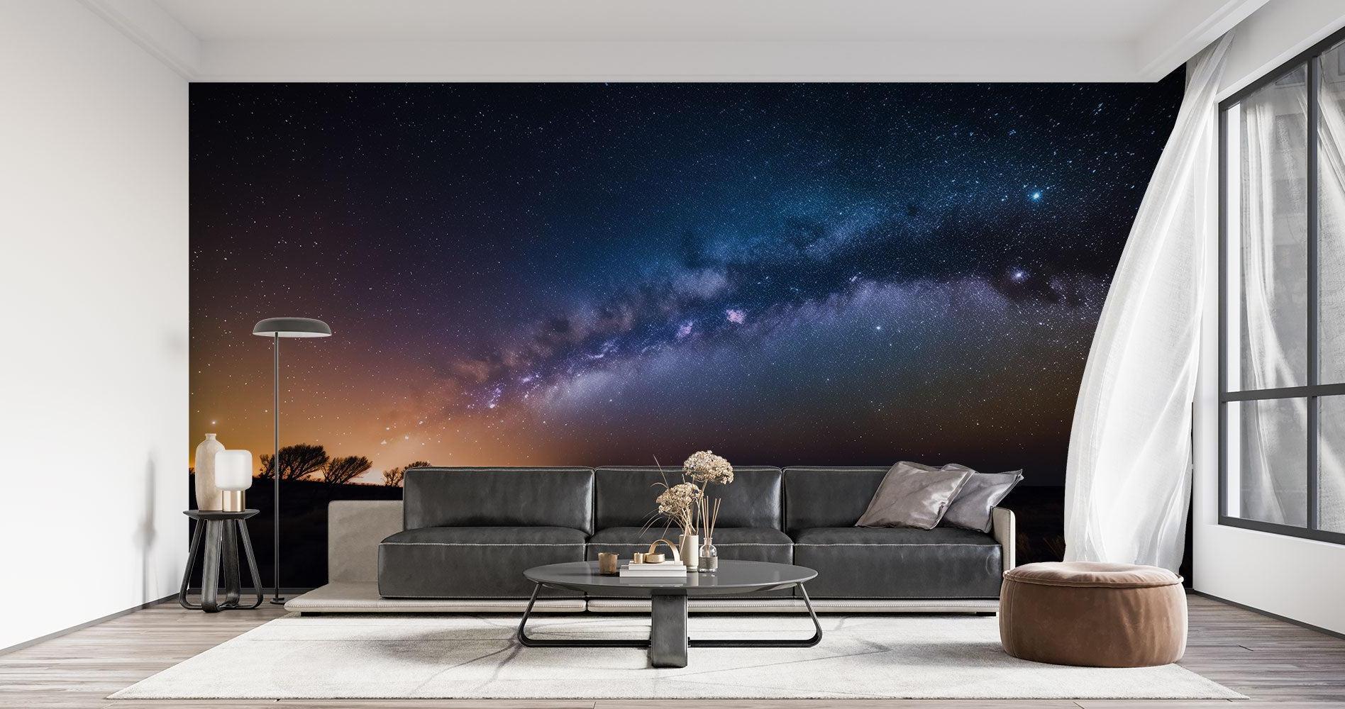 Space themed wall mural transforming a meditation room with star details
