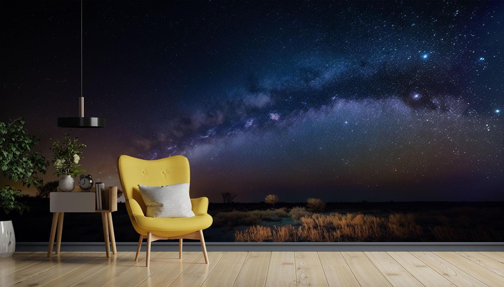 Galaxy mural wallpaper making a statement in a contemporary living room