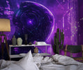 Purple Galaxy Gaming Wallpaper in modern teen gaming setup with LED lighting and dual monitors