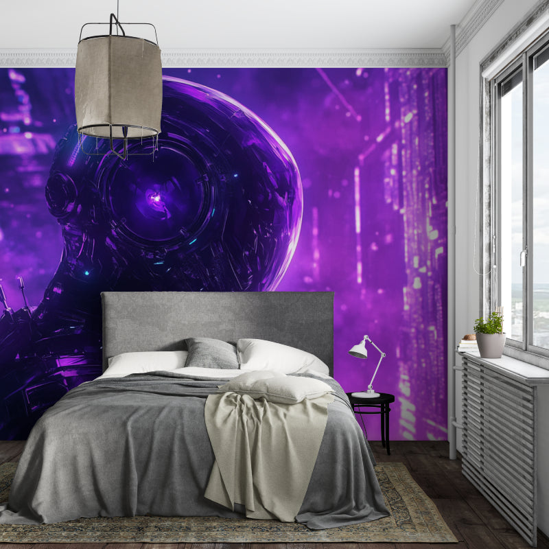 Galaxy gaming mural transforming modern entertainment room with purple cosmic design