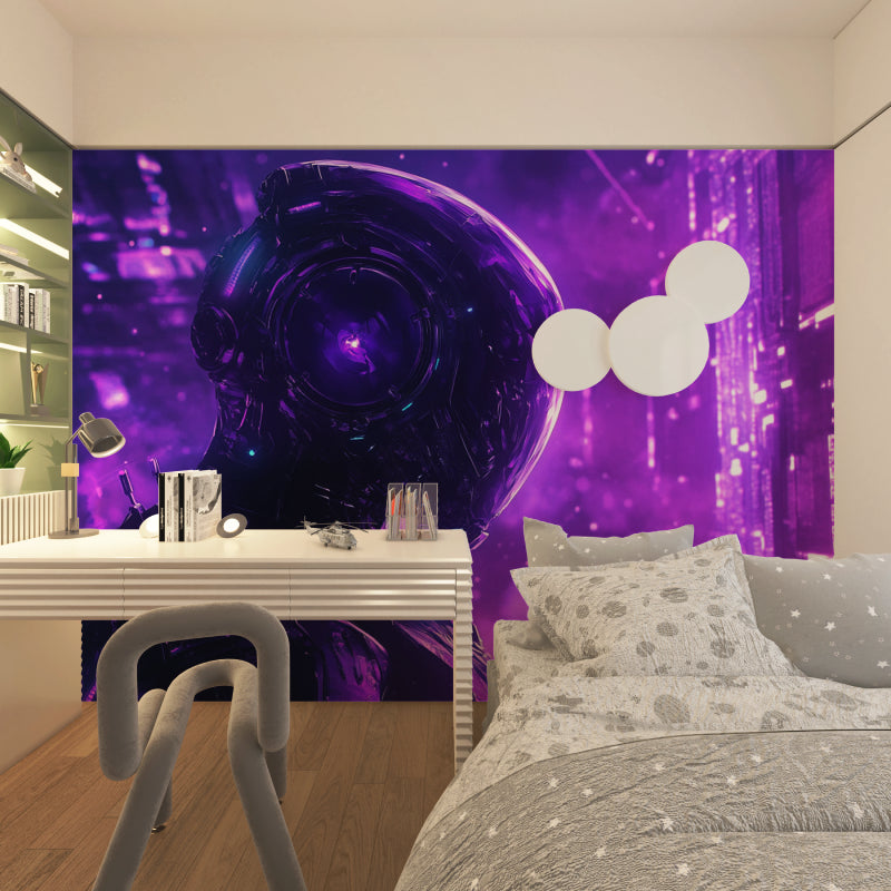 Gaming room wallpaper showcasing purple space theme in teen hangout space