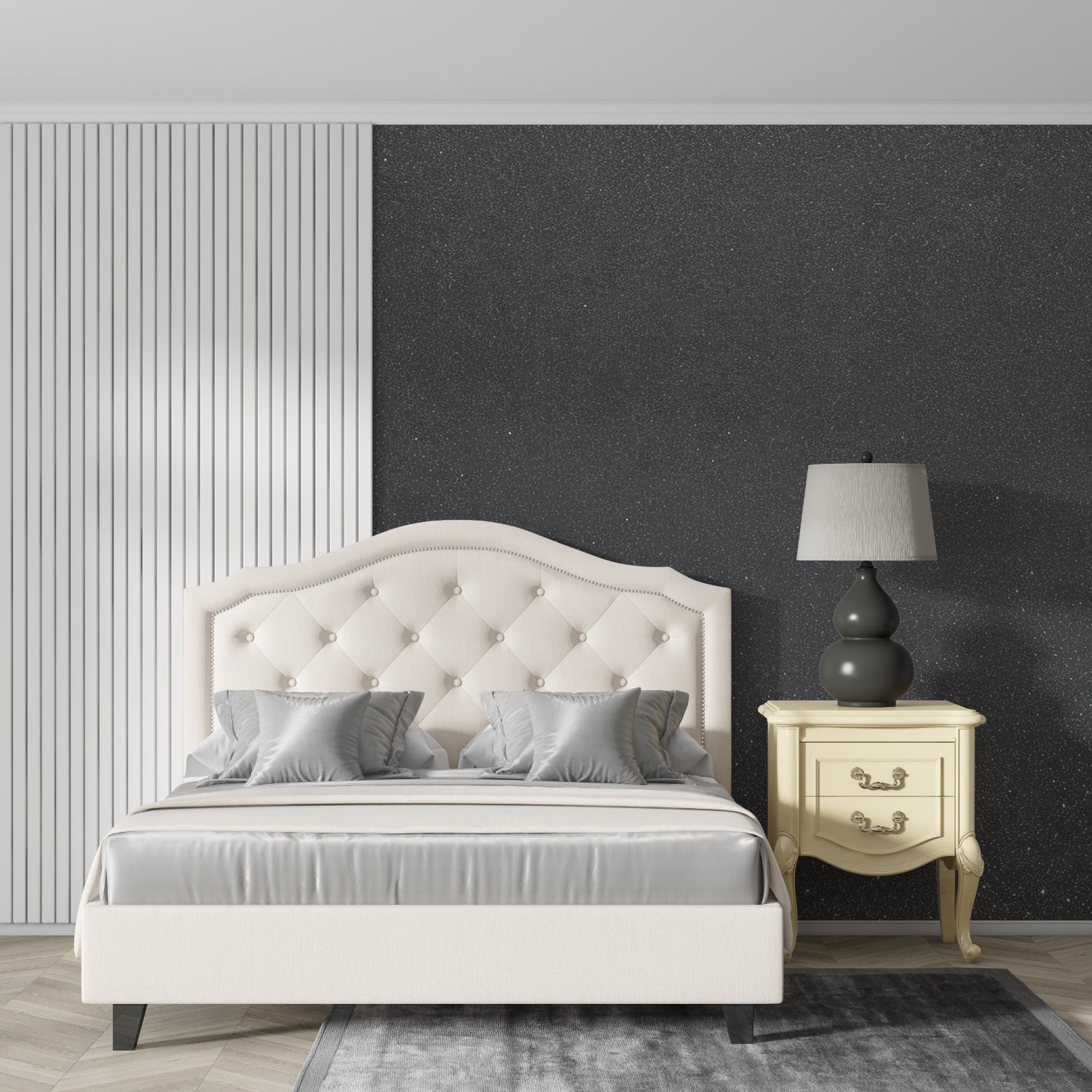 Galaxy wall mural in modern bedroom showing sparkling star effect on dark grey background