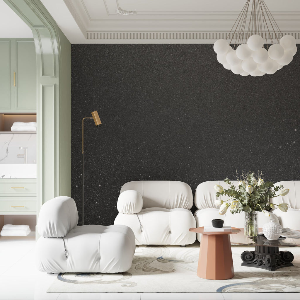 Sparkle galaxy mural wallpaper in home office with subtle lighting
