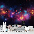 Galaxy music wallpaper bringing cosmic charm to a modern music studio with floating musical notes