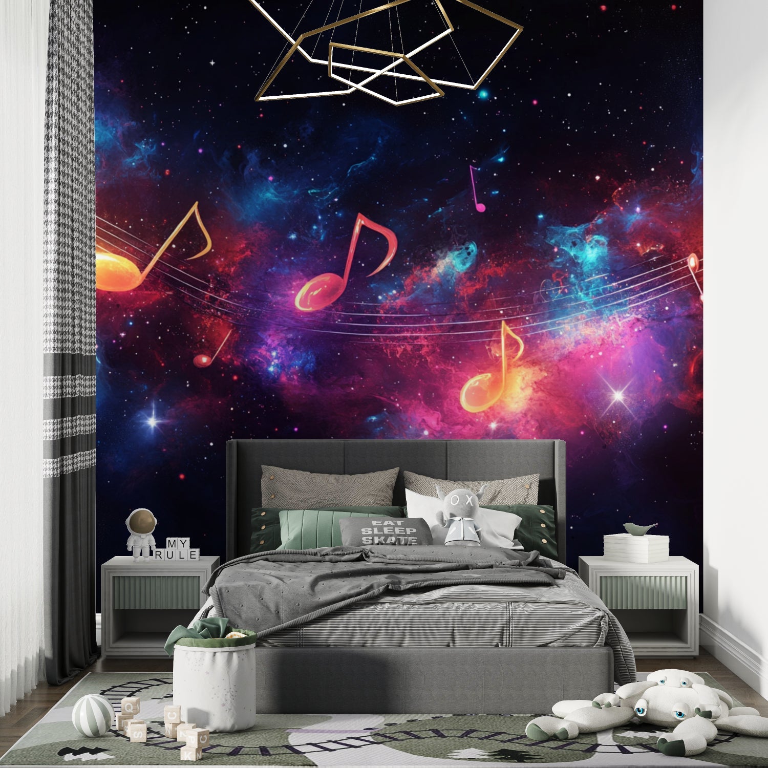 Cosmic music note wallpaper adding depth to a home music room with golden accents