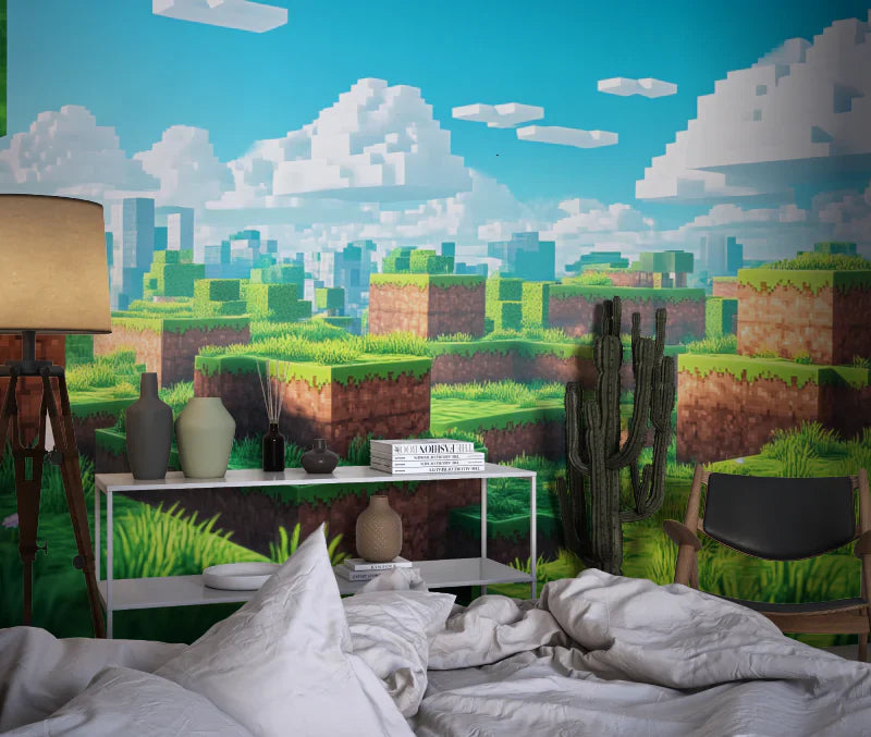 Room interior with a pixelated landscape wall mural, bed, and table.
