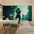 Futuristic football gaming wallpaper in modern teen bedroom, green neon glow highlighting gaming setup